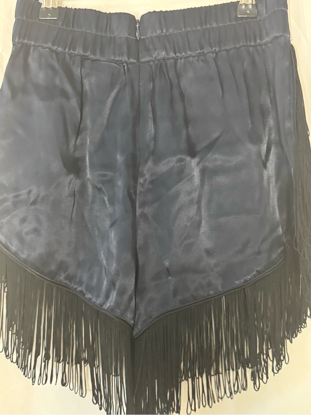 GANNI Donnelly Satin Shorts in Total Eclipse dark blue with black fringe - Picture 4 of 6
